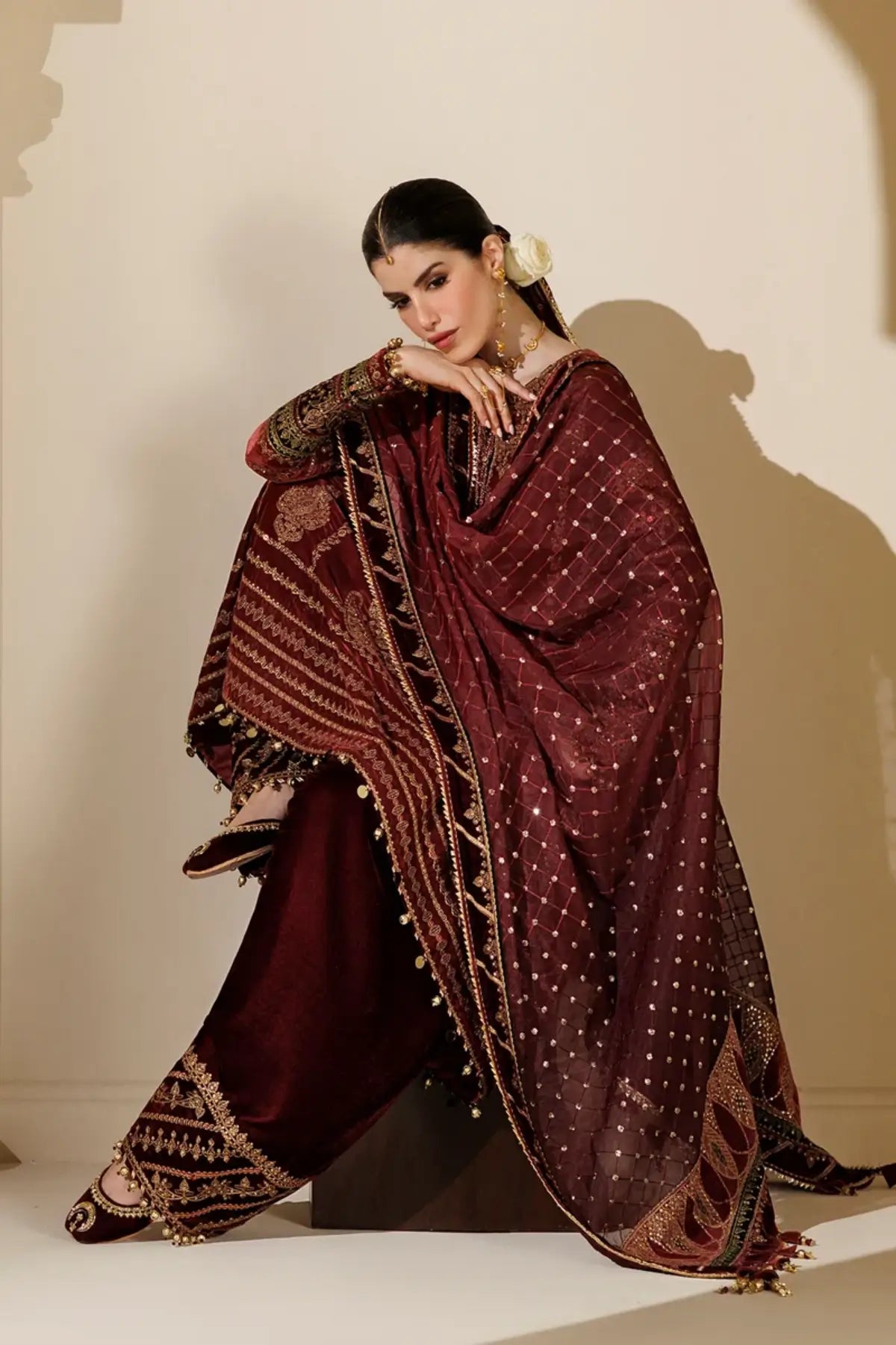 Jazmin CVF26-D10 maroon embroidered velvet stitched formal suit with chiffon organza dupatta
