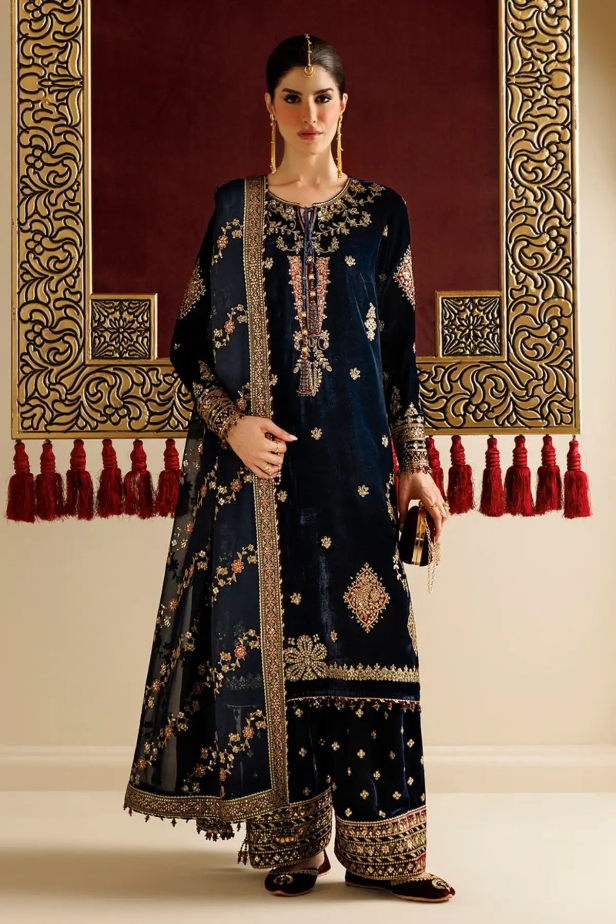 Jazmin CVF26-D11 navy velvet stitched festive suit with chiffon dupatta and matching velvet clutch