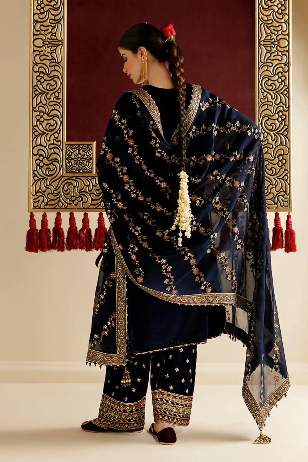 Jazmin CVF26-D11 navy velvet stitched festive suit with chiffon dupatta and matching velvet clutch