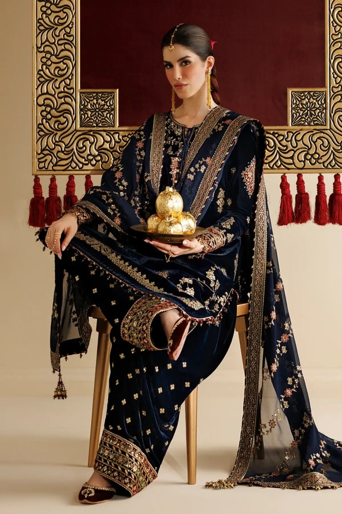Jazmin CVF26-D11 navy velvet stitched festive suit with chiffon dupatta and matching velvet clutch