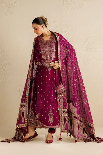 Jazmin CVF26-D12 magenta embroidered velvet stitched Mehndi guest suit with chiffon dupatta and embellished bag