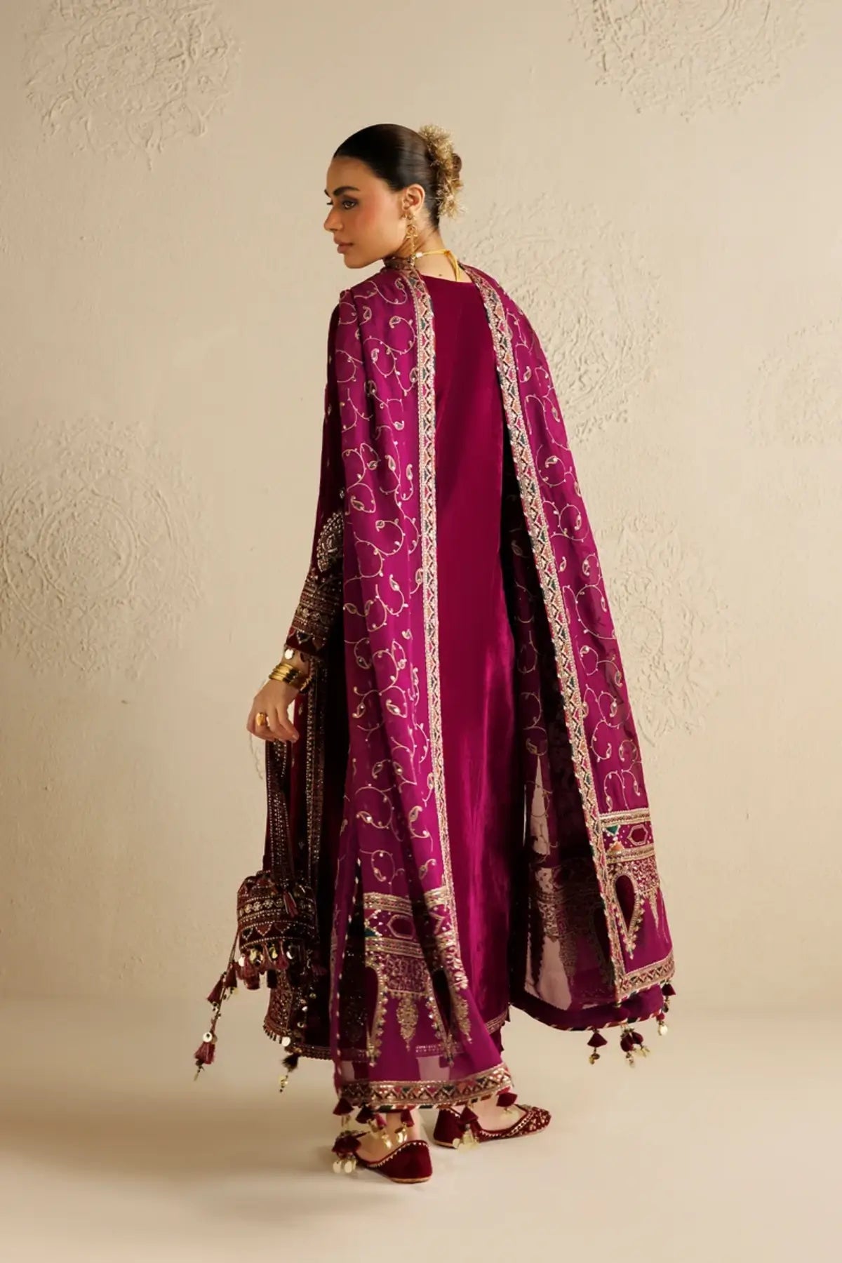 Jazmin CVF26-D12 magenta embroidered velvet stitched Mehndi guest suit with chiffon dupatta and embellished bag