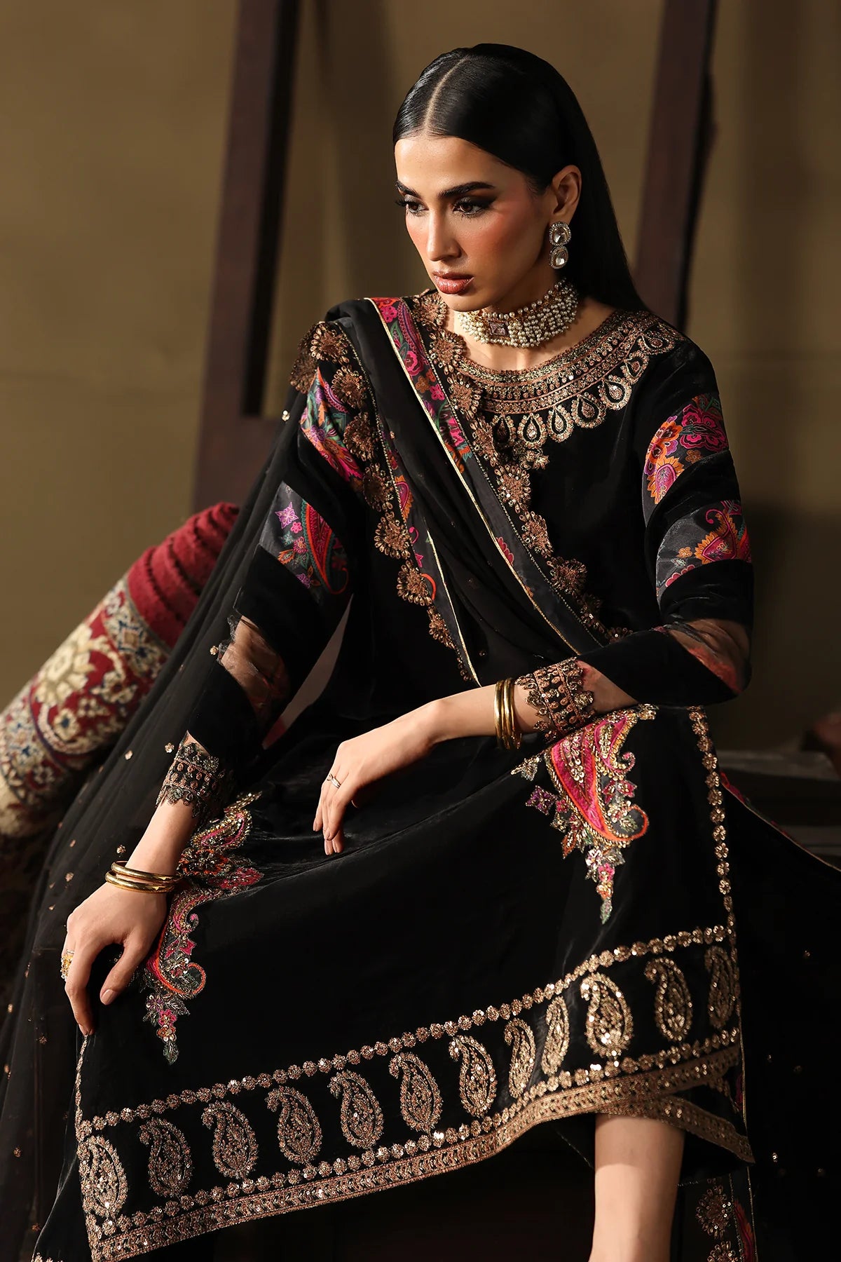 Charizma Signora CVT5-01 black velvet 3-piece suit with hand embroidery and embroidered dyed chiffon dupatta, available online at Pakistanimoda.