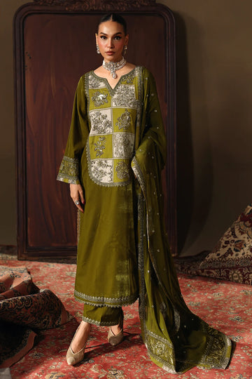 Charizma Signora CVT5-02 olive velvet 3-piece suit with embroidered dyed chiffon dupatta and intricate hand embroidery, available online at Pakistanimoda.