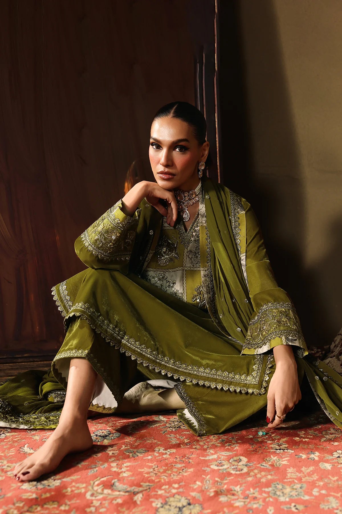Charizma Signora CVT5-02 olive velvet 3-piece suit with embroidered dyed chiffon dupatta and intricate hand embroidery, available online at Pakistanimoda.