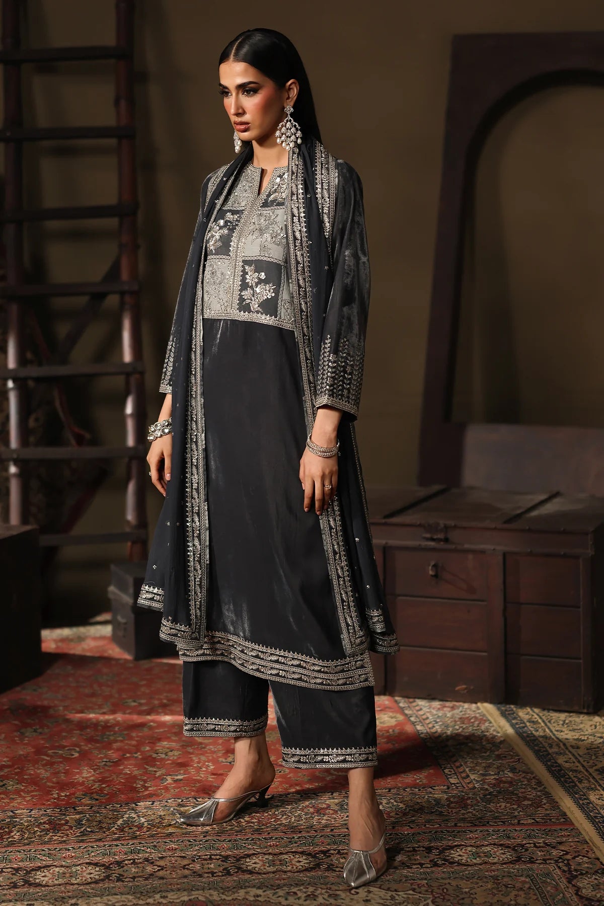 Charizma Signora CVT5-03 black velvet 3-piece suit with embroidered dyed chiffon dupatta and intricate silver handwork from Pakistanimoda.