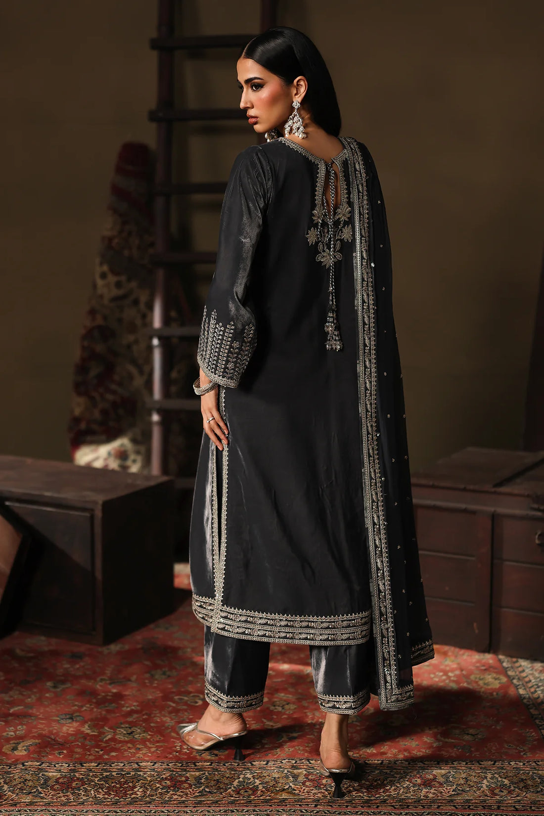 Charizma Signora CVT5-03 black velvet 3-piece suit with embroidered dyed chiffon dupatta and intricate silver handwork from Pakistanimoda.