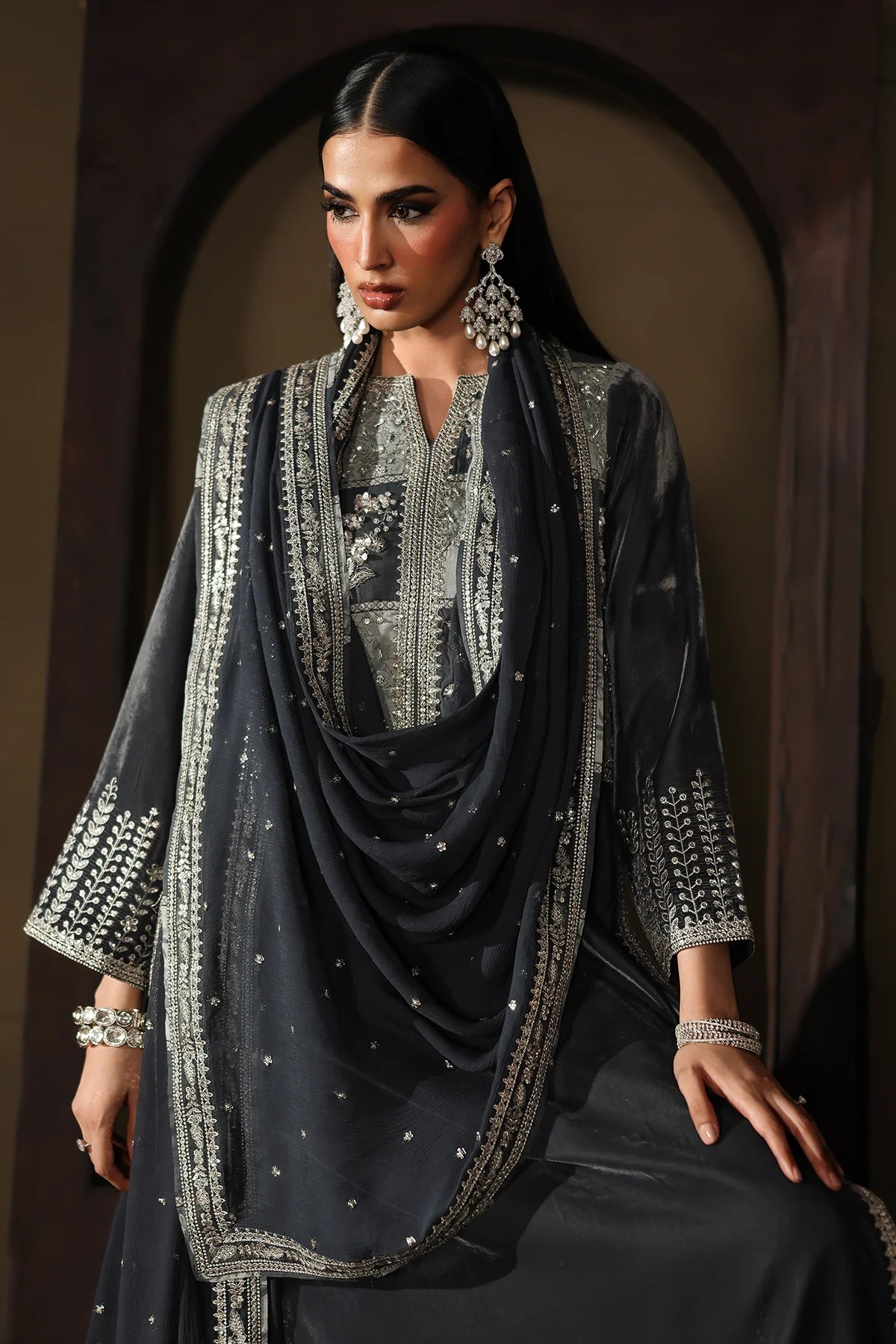 Charizma Signora CVT5-03 black velvet 3-piece suit with embroidered dyed chiffon dupatta and intricate silver handwork from Pakistanimoda.