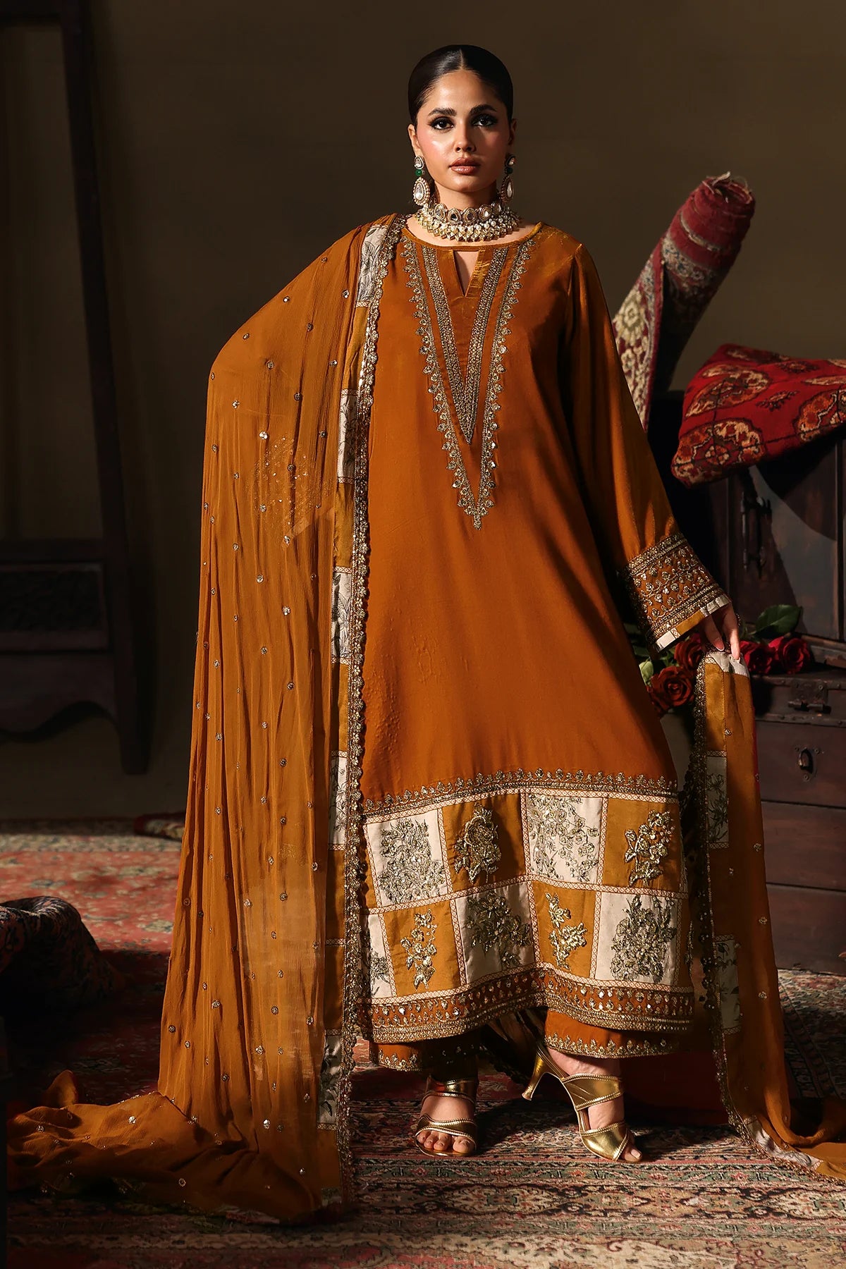 Charizma Signora CVT5-04 mustard velvet 3-piece suit with embroidered dyed chiffon dupatta and intricate handwork details, available at Pakistanimoda.
