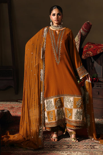 Charizma Signora CVT5-04 mustard velvet 3-piece suit with embroidered dyed chiffon dupatta and intricate handwork details, available at Pakistanimoda.