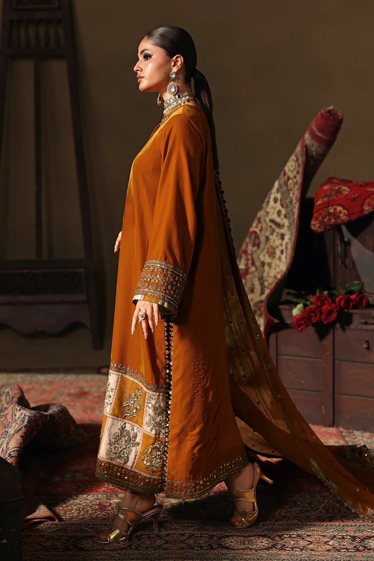 Charizma Signora CVT5-04 mustard velvet 3-piece suit with embroidered dyed chiffon dupatta and intricate handwork details, available at Pakistanimoda.