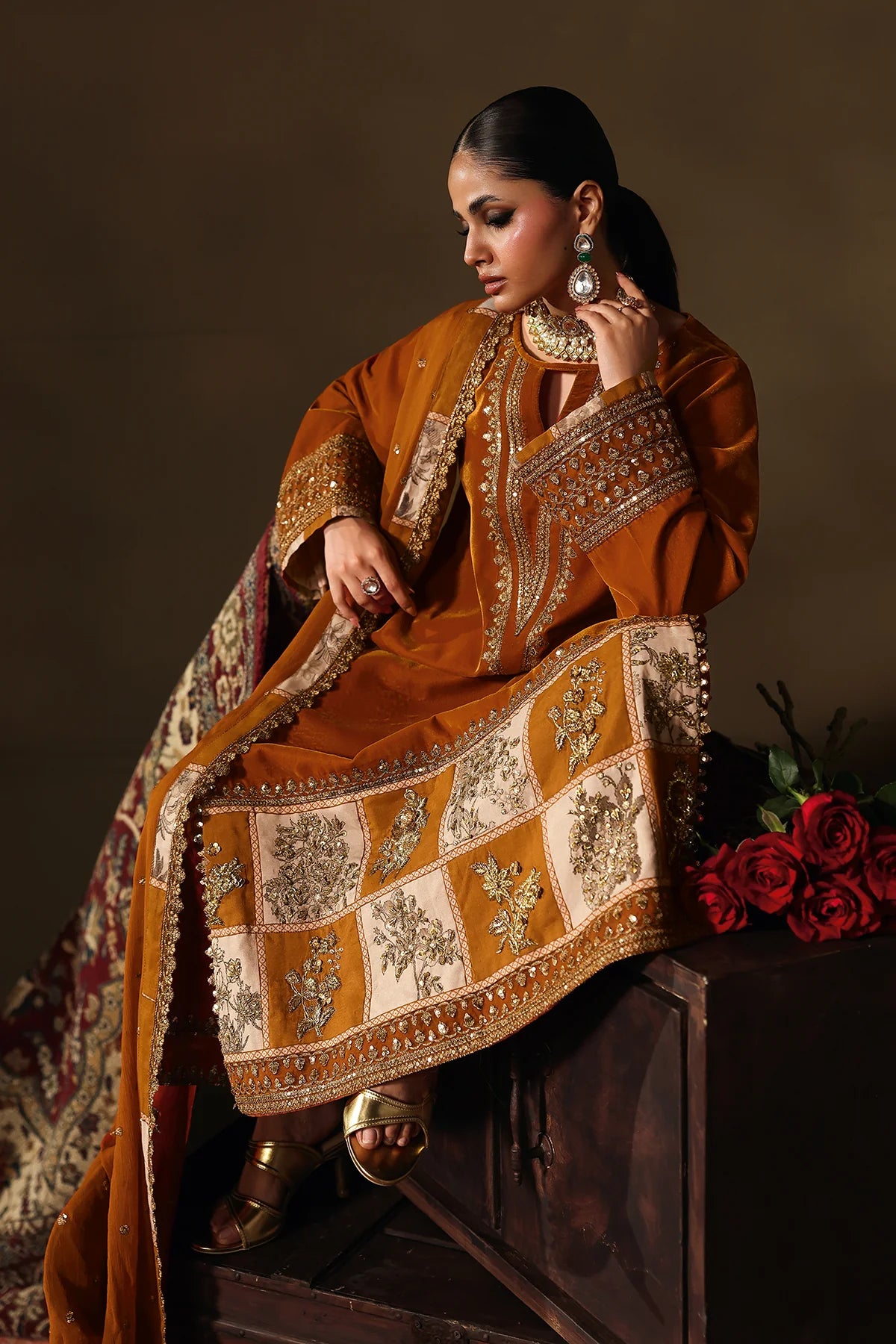 Charizma Signora CVT5-04 mustard velvet 3-piece suit with embroidered dyed chiffon dupatta and intricate handwork details, available at Pakistanimoda.