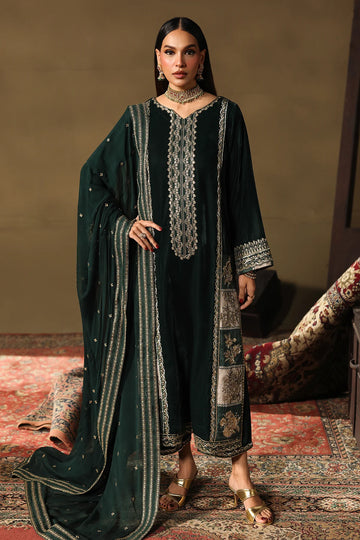Charizma Signora CVT5-05 bottle green velvet 3-piece suit with hand embroidery and chiffon dupatta, available online at Pakistanimoda.
