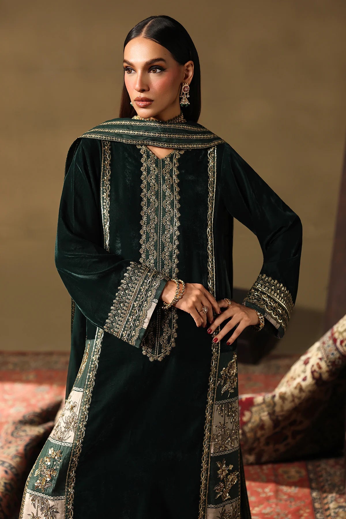 Charizma Signora CVT5-05 bottle green velvet 3-piece suit with hand embroidery and chiffon dupatta, available online at Pakistanimoda.