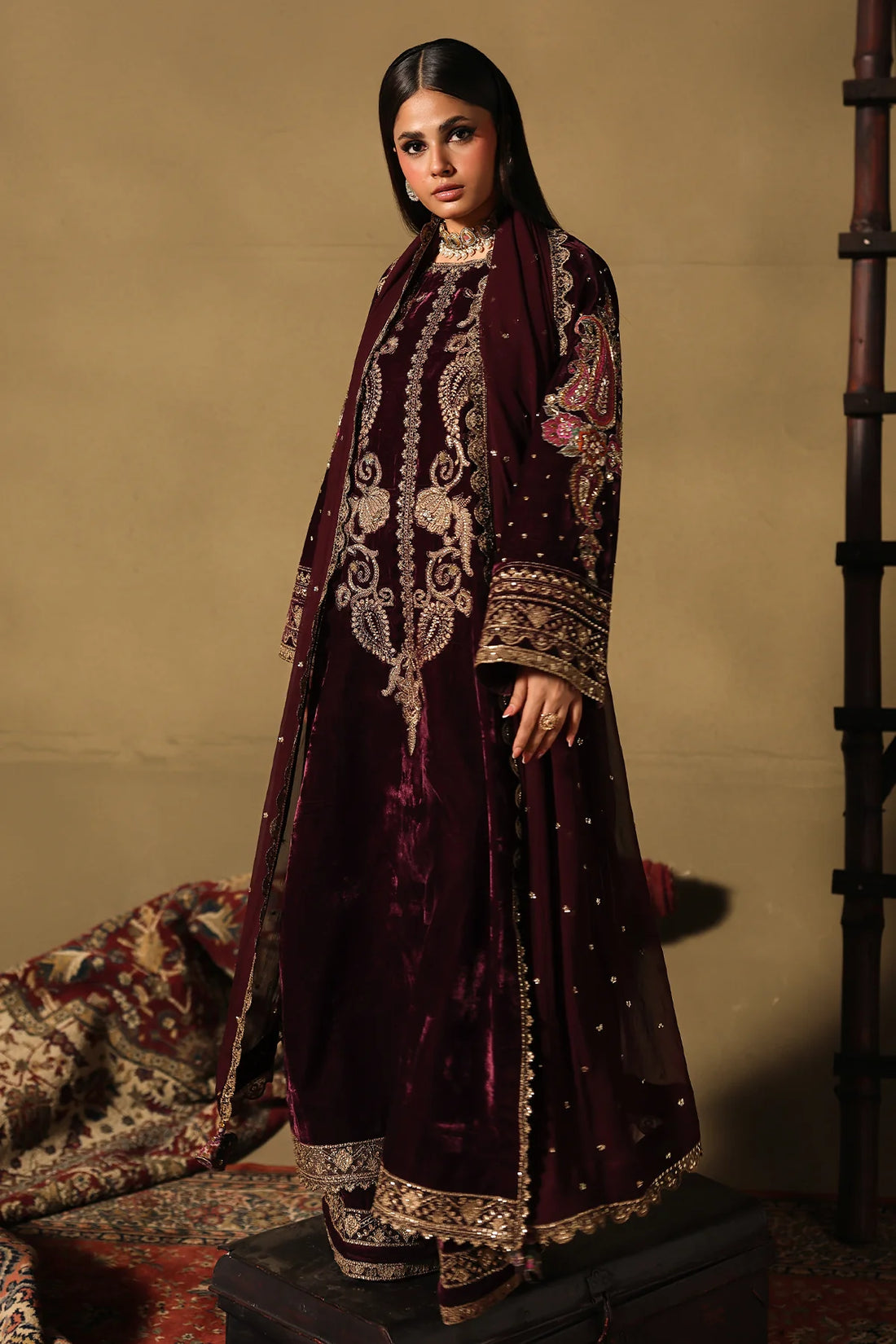 Charizma Signora CVT5-06 maroon velvet 3-piece embroidered suit with chiffon dupatta and hand embellishments, available online at Pakistanimoda.