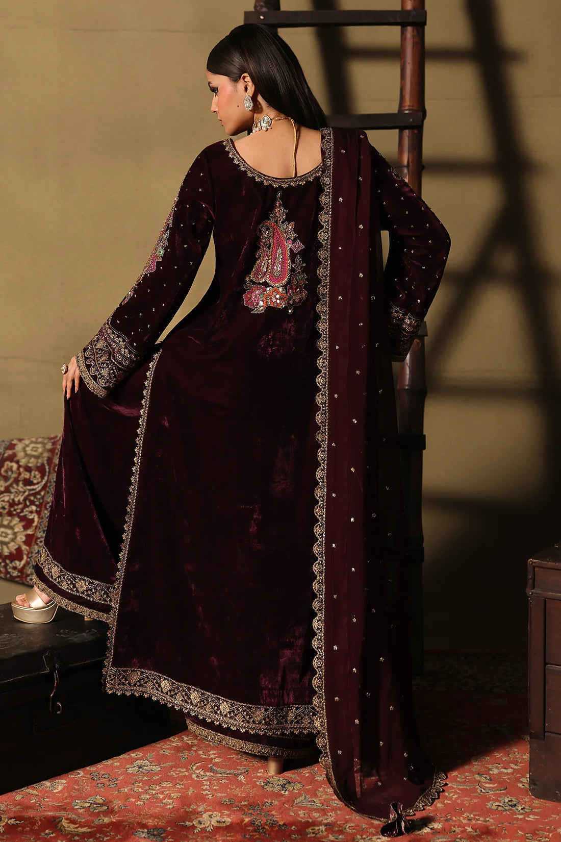 Charizma Signora CVT5-06 maroon velvet 3-piece embroidered suit with chiffon dupatta and hand embellishments, available online at Pakistanimoda.