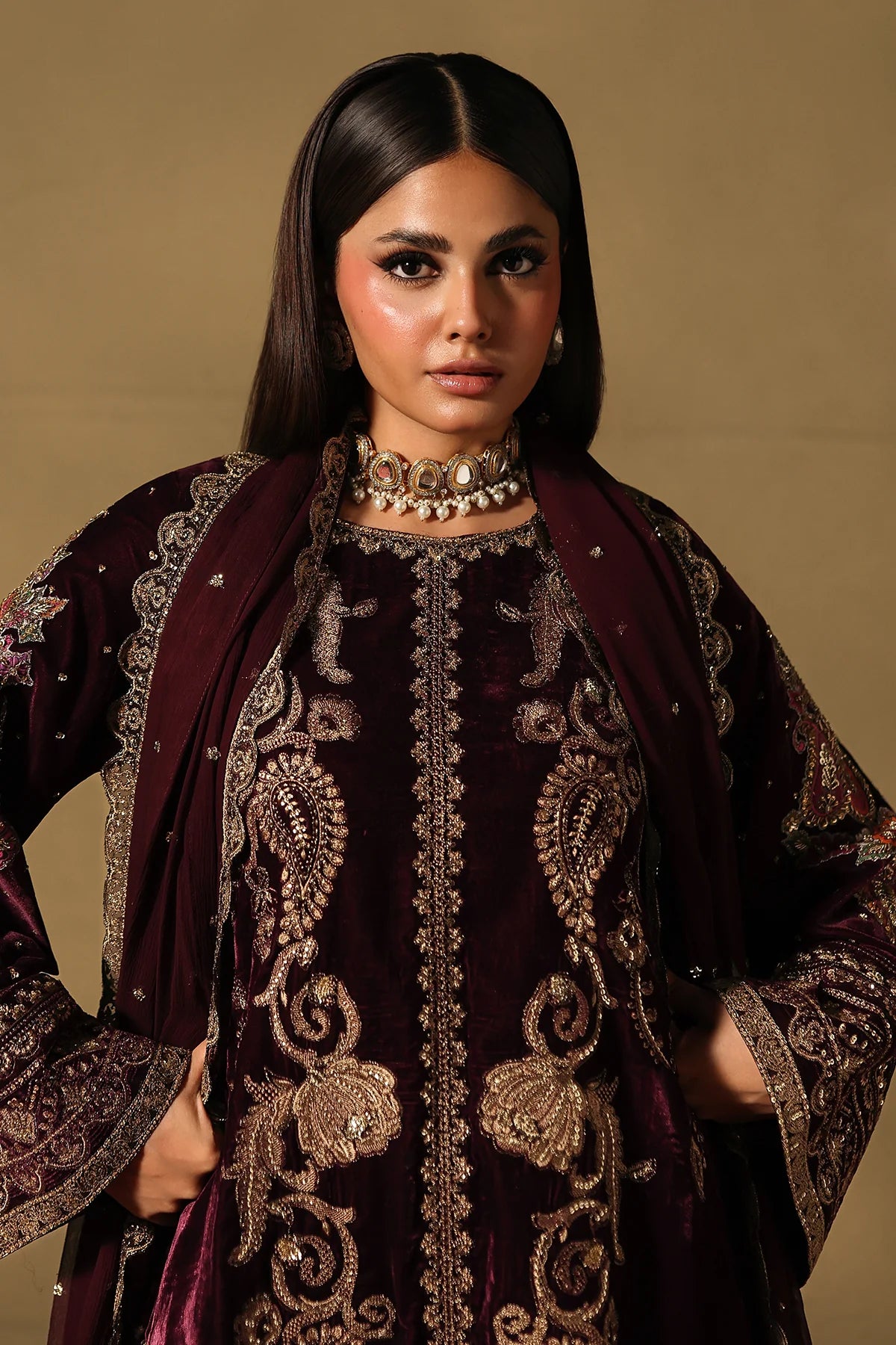 Charizma Signora CVT5-06 maroon velvet 3-piece embroidered suit with chiffon dupatta and hand embellishments, available online at Pakistanimoda.