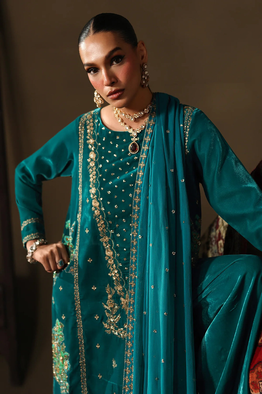 Charizma Signora CVT5-07 teal velvet 3-piece suit with embroidered dyed chiffon dupatta and intricate hand embroidery, available at Pakistanimoda.