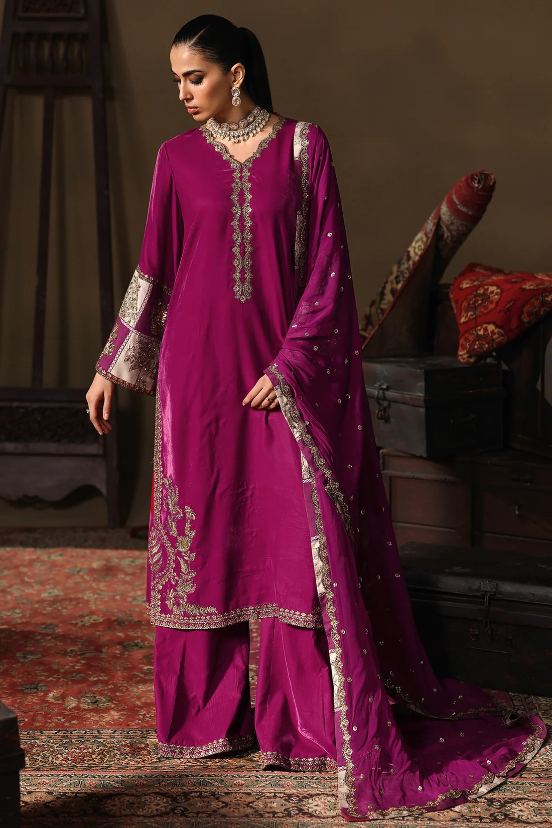 Charizma Signora CVT5-08 magenta velvet 3-piece embroidered suit with chiffon dupatta and intricate handwork, available online at Pakistanimoda.