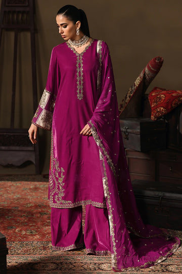 Charizma Signora CVT5-08 magenta velvet 3-piece embroidered suit with chiffon dupatta and intricate handwork, available online at Pakistanimoda.