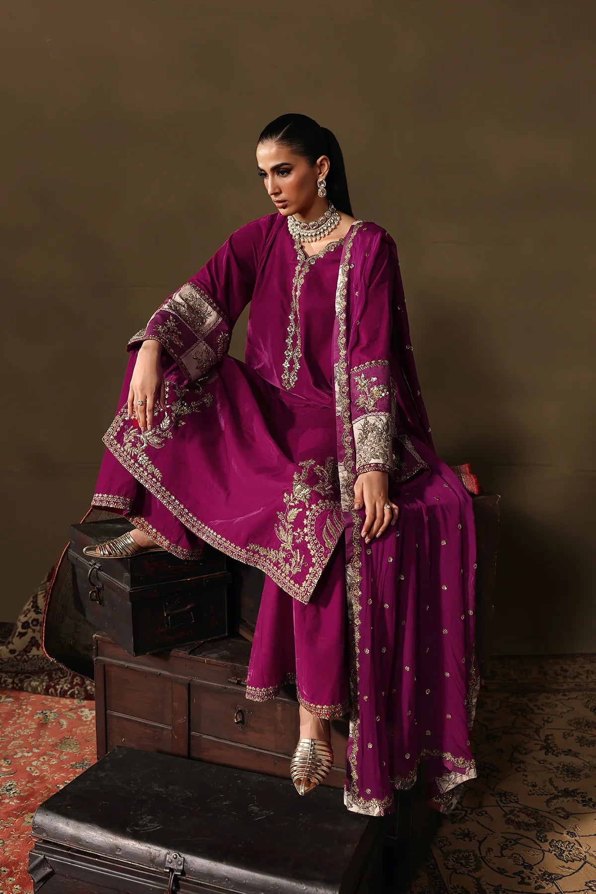 Charizma Signora CVT5-08 magenta velvet 3-piece embroidered suit with chiffon dupatta and intricate handwork, available online at Pakistanimoda.