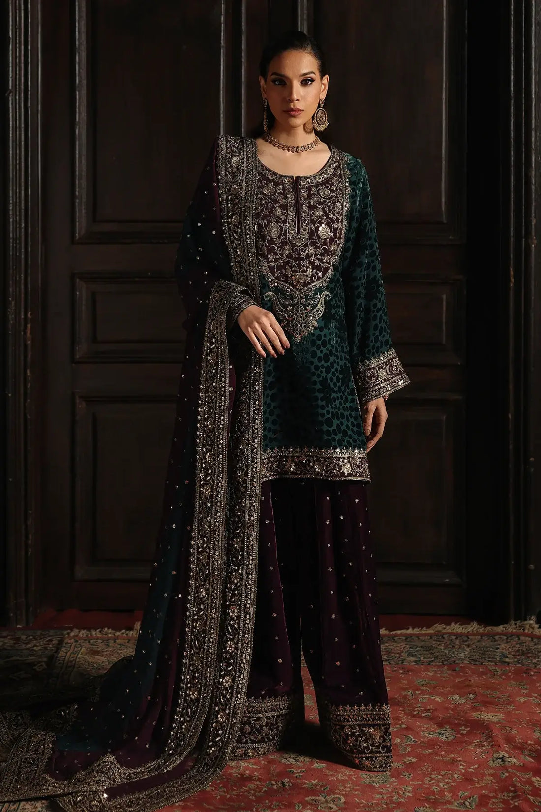 Charizma Signora teal green velvet embroidered stitched outfit