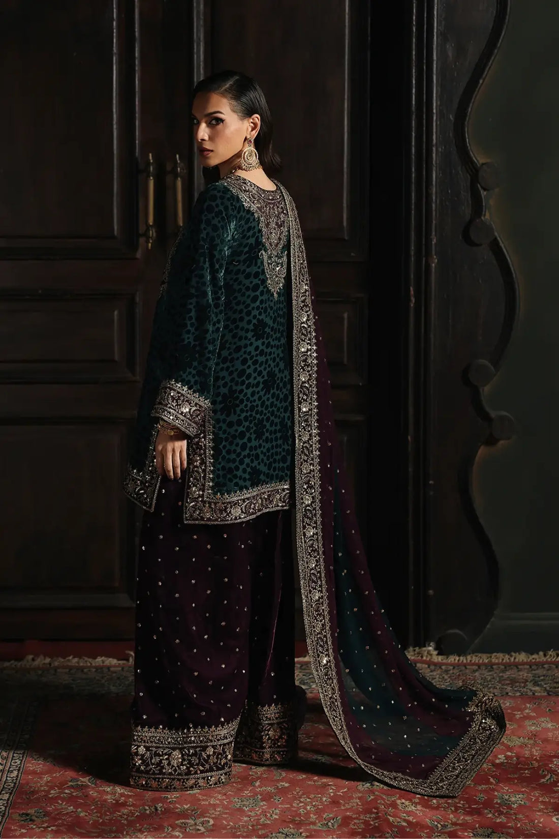 Charizma Signora teal green velvet embroidered stitched outfit