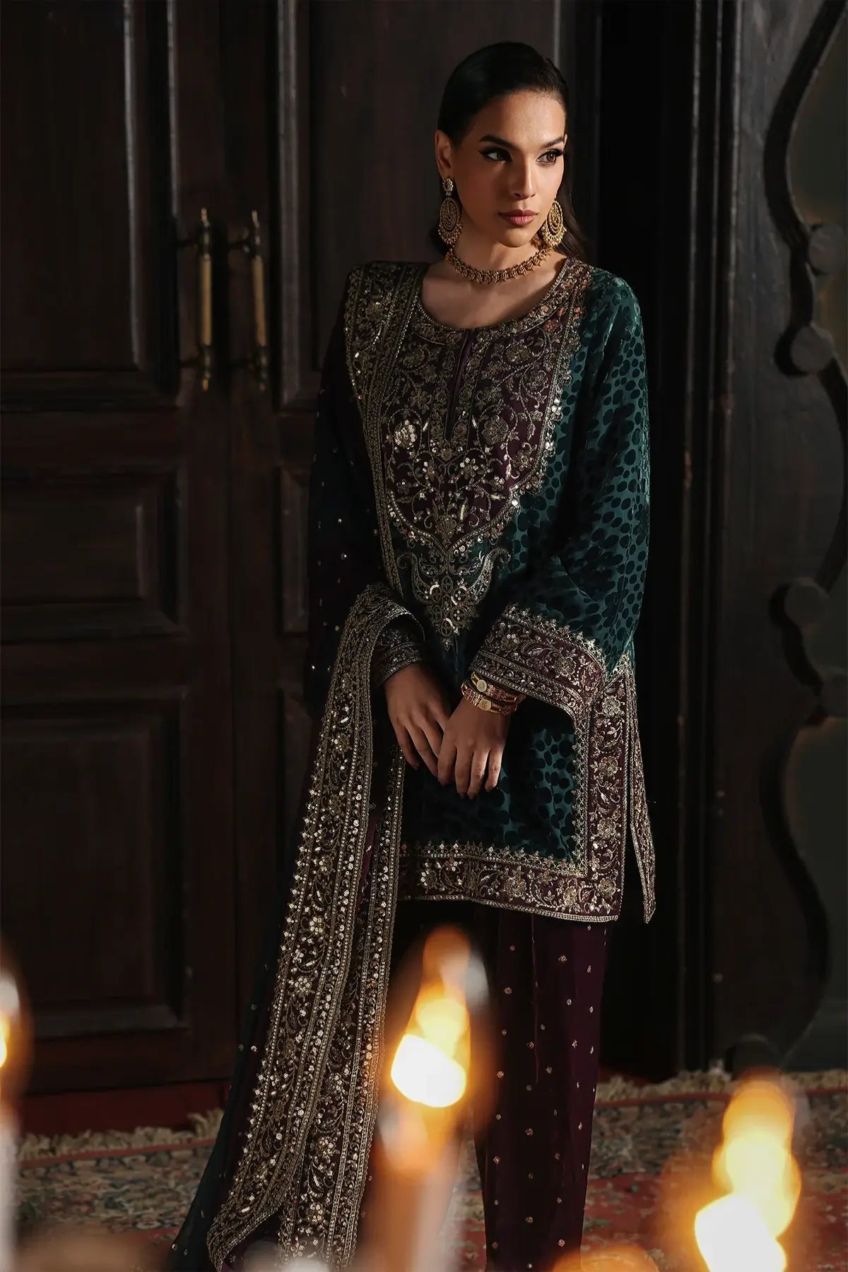 Charizma Signora teal green velvet embroidered stitched outfit