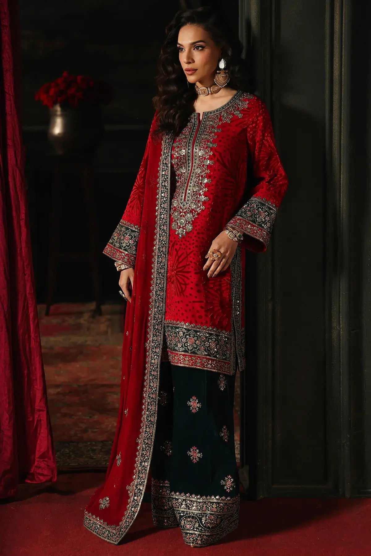 Red velvet Pakistani designer stitched festive suit Charizma