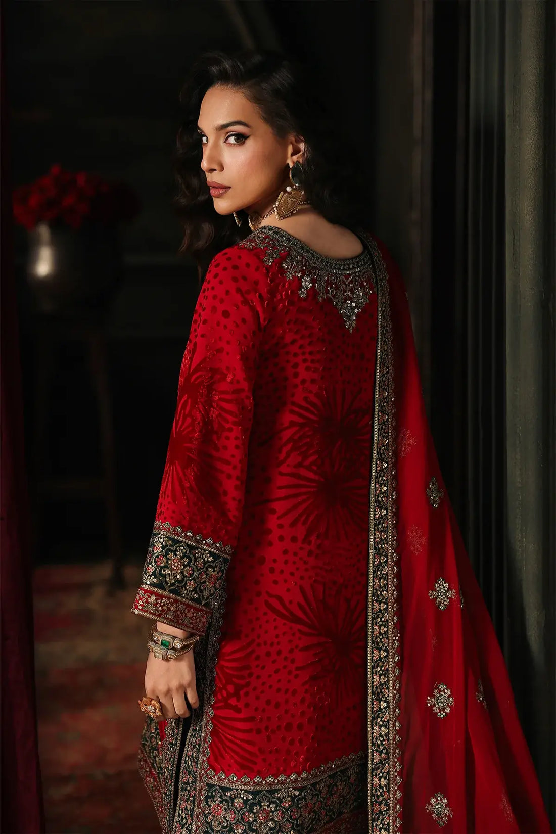 Red velvet Pakistani designer stitched festive suit Charizma
