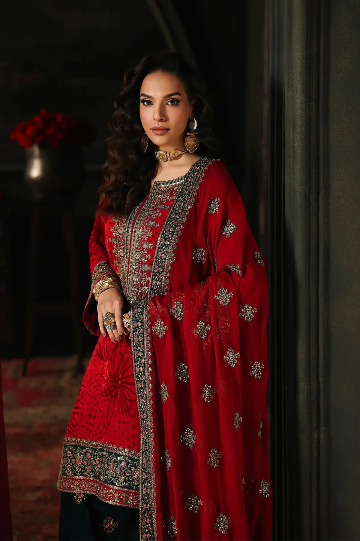 Red velvet Pakistani designer stitched festive suit Charizma