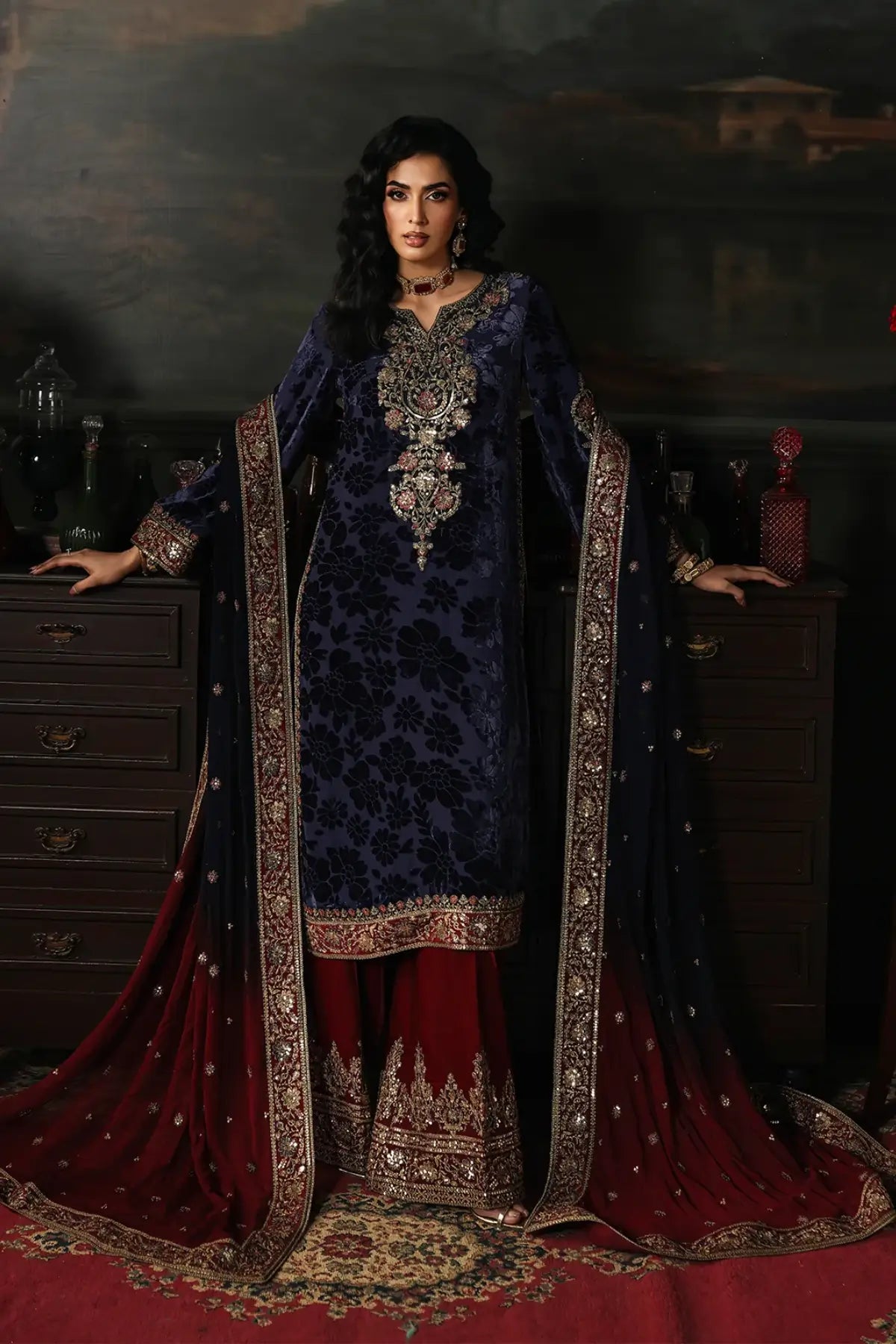 CVT5-11 Charizma Signora navy blue velvet stitched 3PC suit