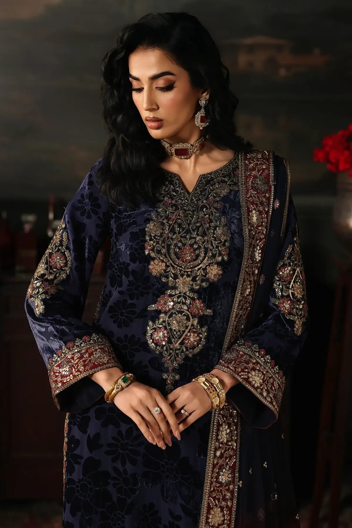 CVT5-11 Charizma Signora navy blue velvet stitched 3PC suit