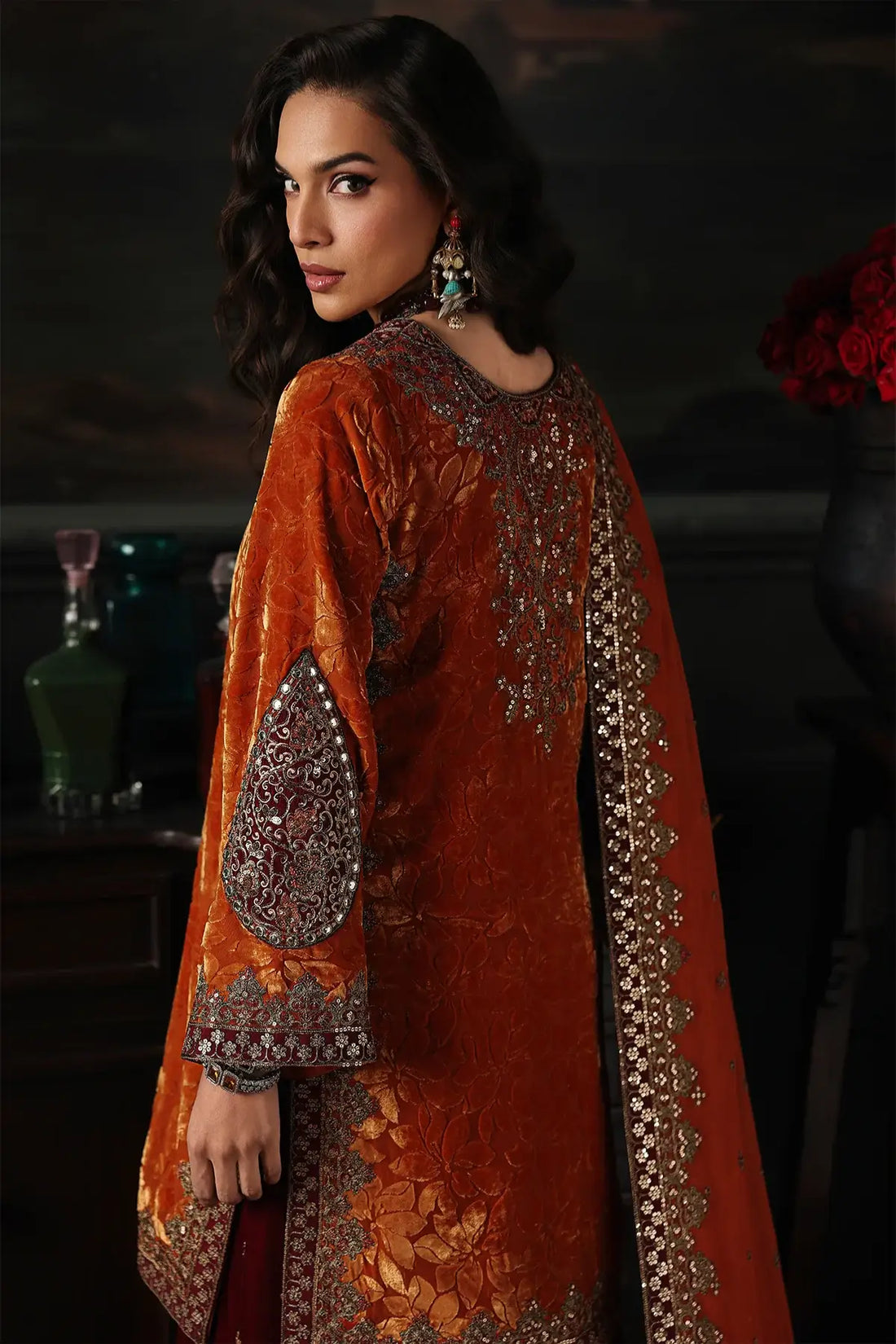 orange velvet dress pakistani Bold, bright, and beautifully regal. Our signature velvet outfit in a luminous orange hue, finished with intricate embellishment for a truly elevated festive look!