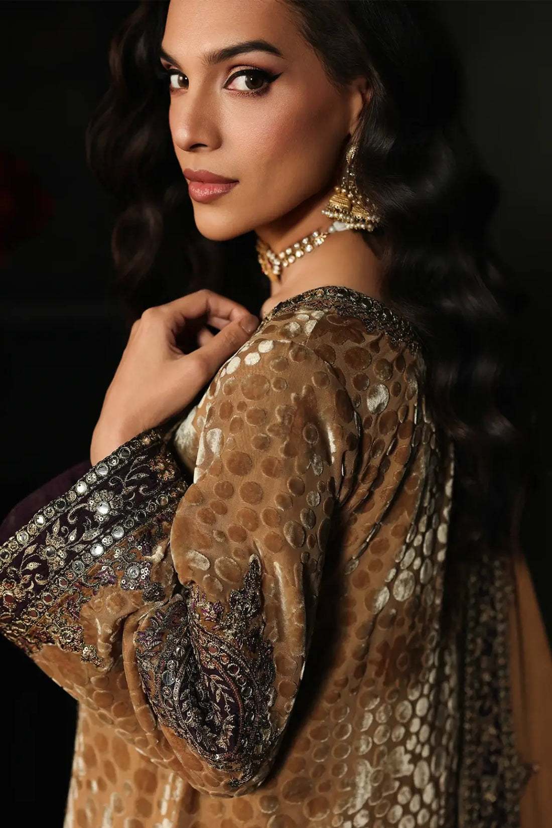 Charizma Signora gold velvet embroidered stitched suit with chiffon dupatta