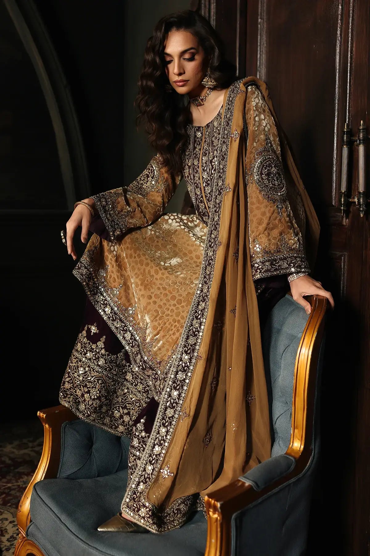 Charizma Signora gold velvet embroidered stitched suit with chiffon dupatta