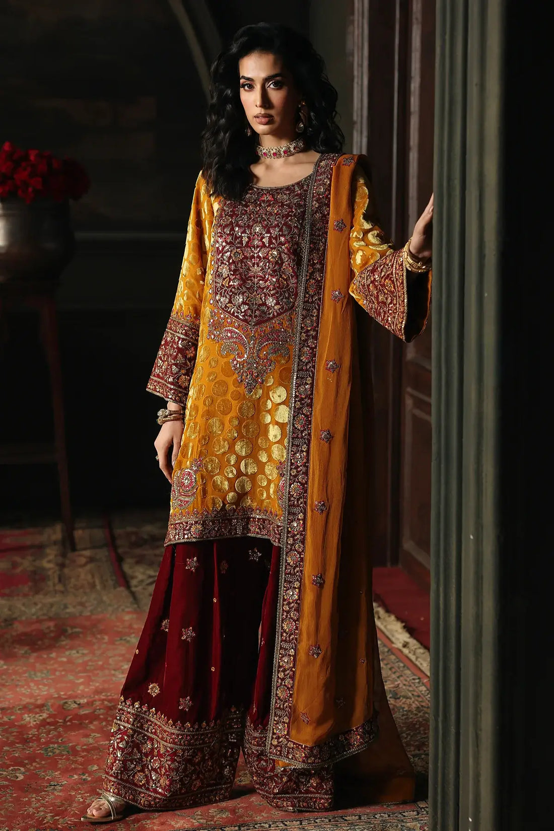 CVT5-16 Charizma Signora mustard velvet occasion wear stitched