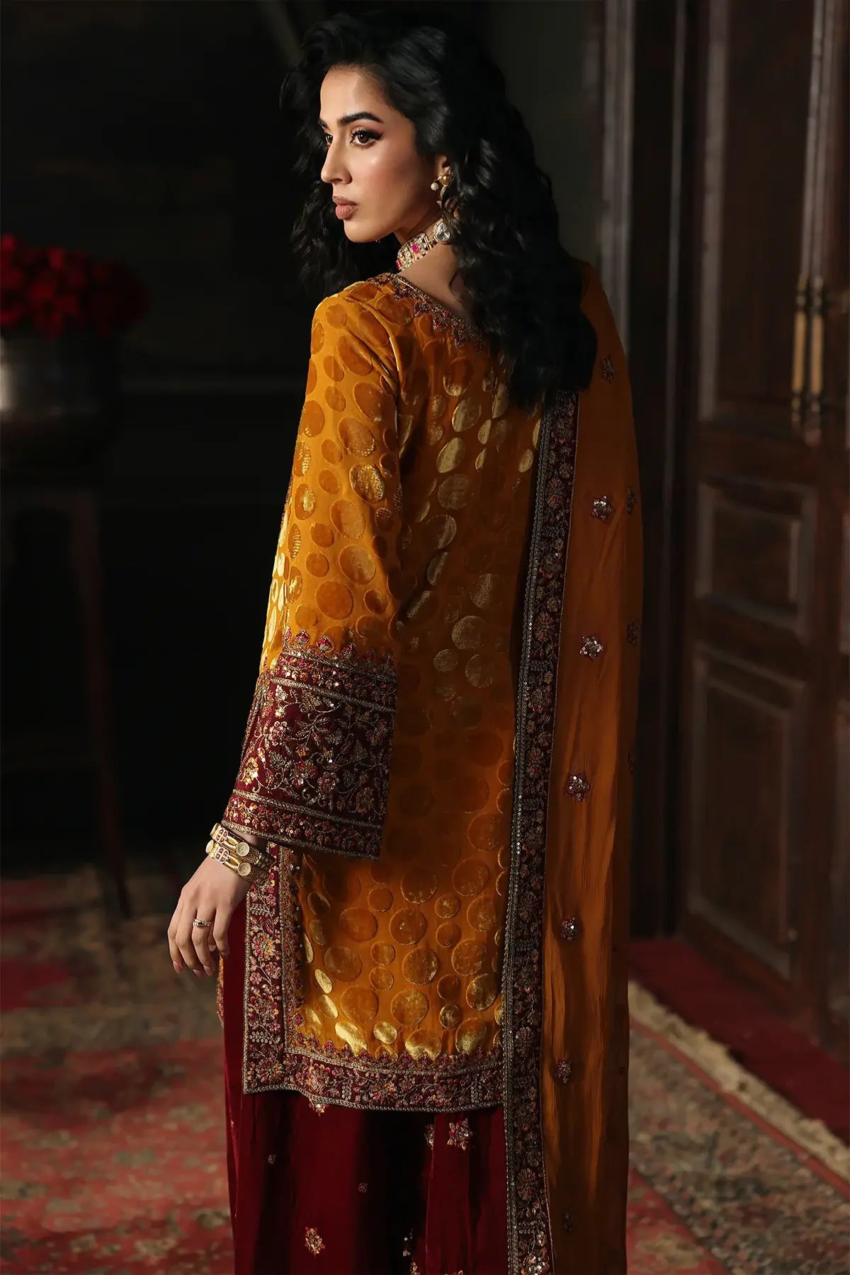 CVT5-16 Charizma Signora mustard velvet occasion wear stitched