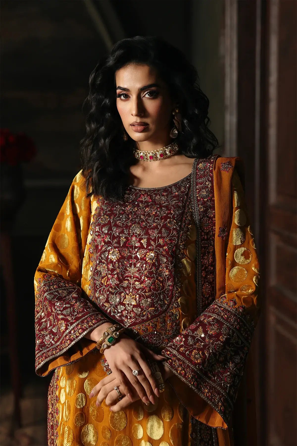 CVT5-16 Charizma Signora mustard velvet occasion wear stitched