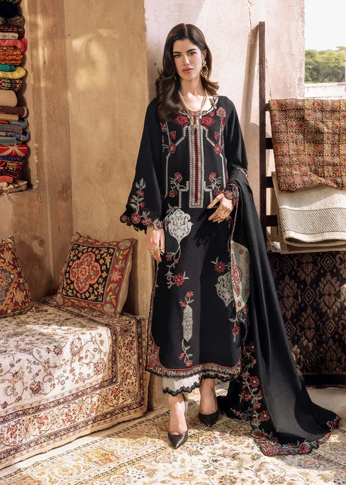 Saira Shakira CYRA-6A black stitched khaddar winter suit with embroidered wool shawl at Pakistanimoda.
