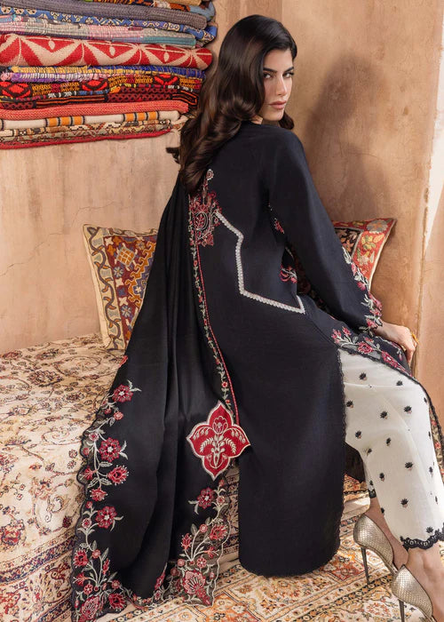 Saira Shakira CYRA-6A black stitched khaddar winter suit with embroidered wool shawl at Pakistanimoda.