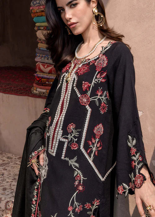 Saira Shakira CYRA-6A black stitched khaddar winter suit with embroidered wool shawl at Pakistanimoda.