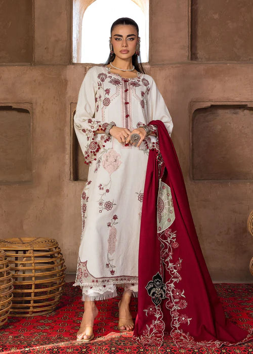 Saira Shakira CYRA-6B ivory stitched khaddar winter suit with scarlet embroidered wool shawl at Pakistanimoda.