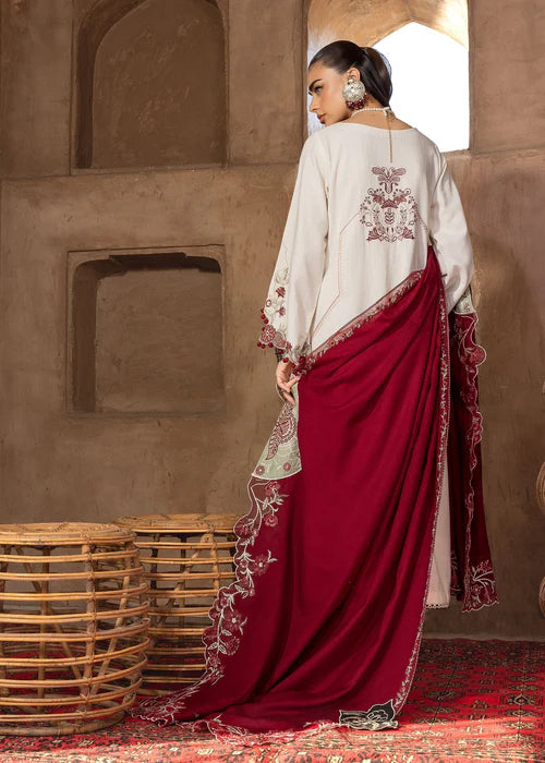 Saira Shakira CYRA-6B ivory stitched khaddar winter suit with scarlet embroidered wool shawl at Pakistanimoda.