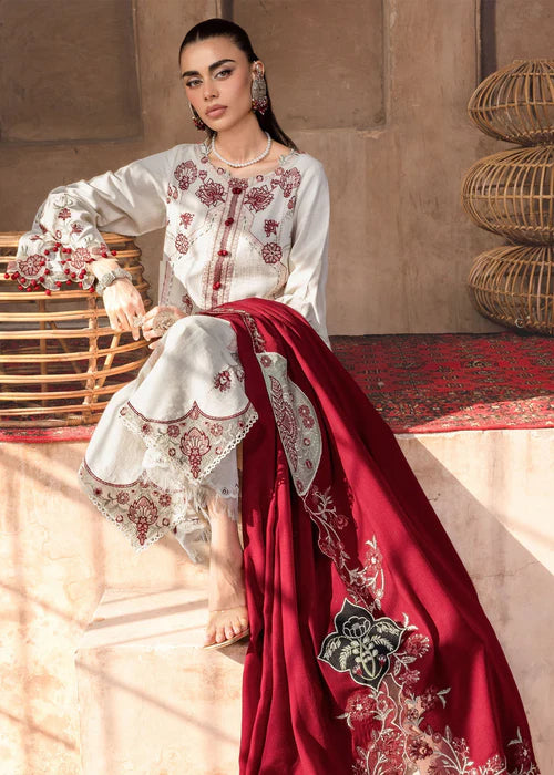 Saira Shakira CYRA-6B ivory stitched khaddar winter suit with scarlet embroidered wool shawl at Pakistanimoda.