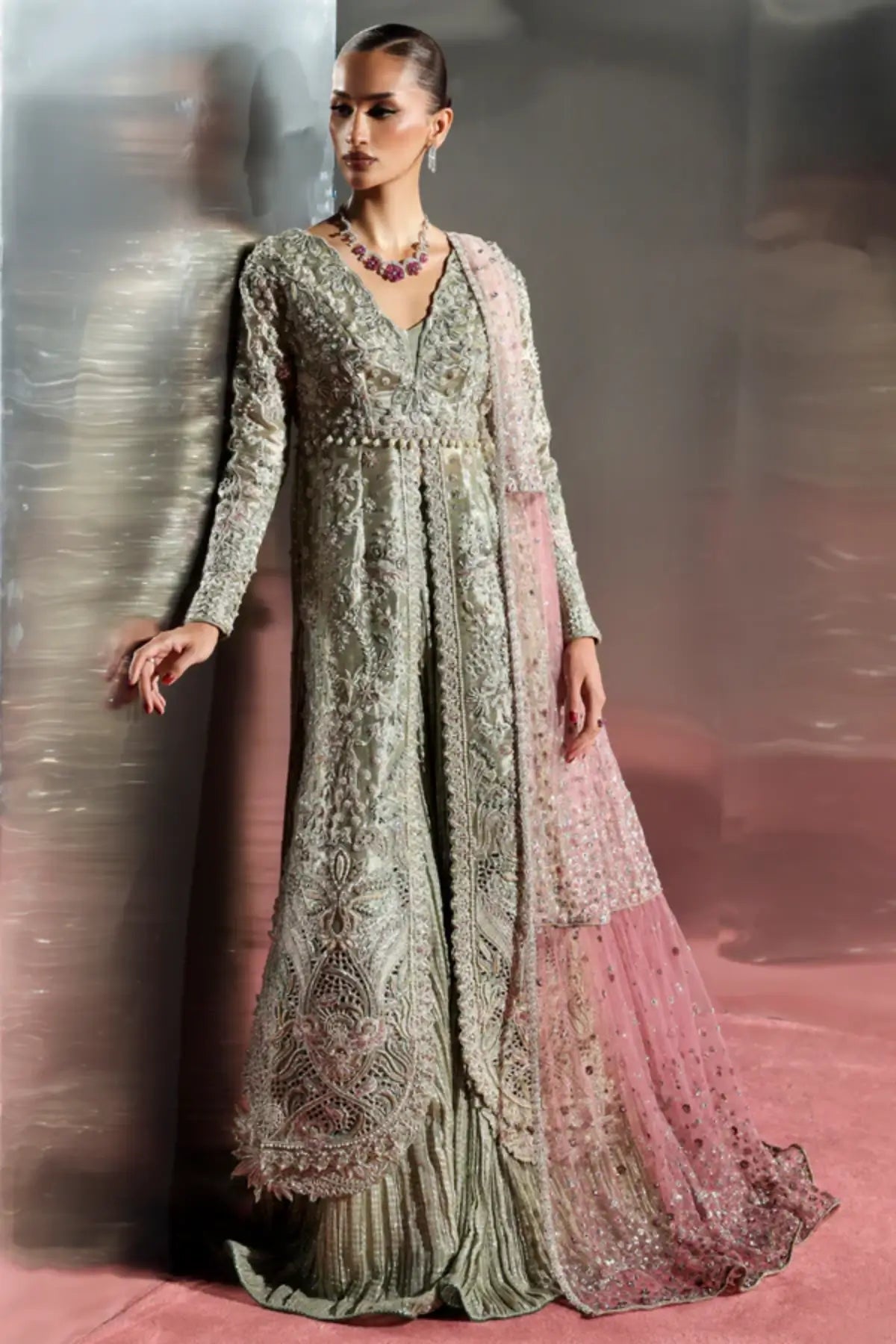 Caelis by Soraya smoky green hand embellished tissue sharara dress with ombré dupatta