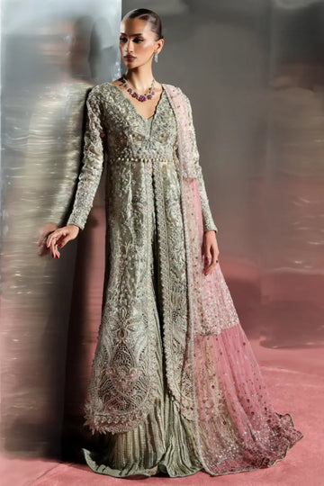 Caelis by Soraya smoky green hand embellished tissue sharara dress with ombré dupatta