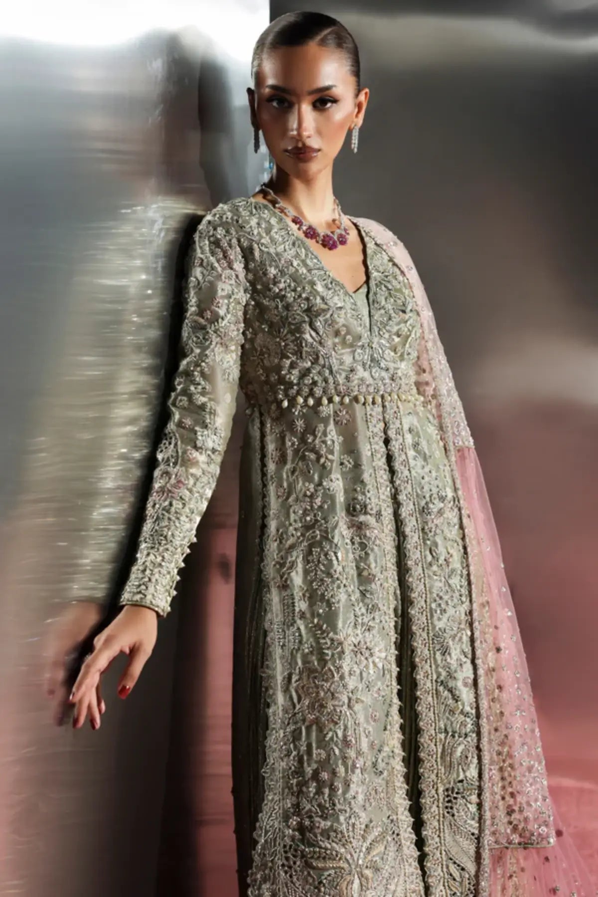 Caelis by Soraya smoky green hand embellished tissue sharara dress with ombré dupatta