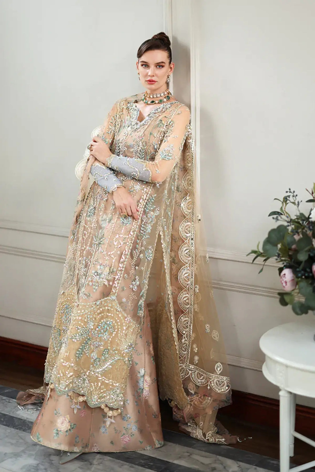 Calarissa Mushq stitched beige net Eid and wedding formal outfit