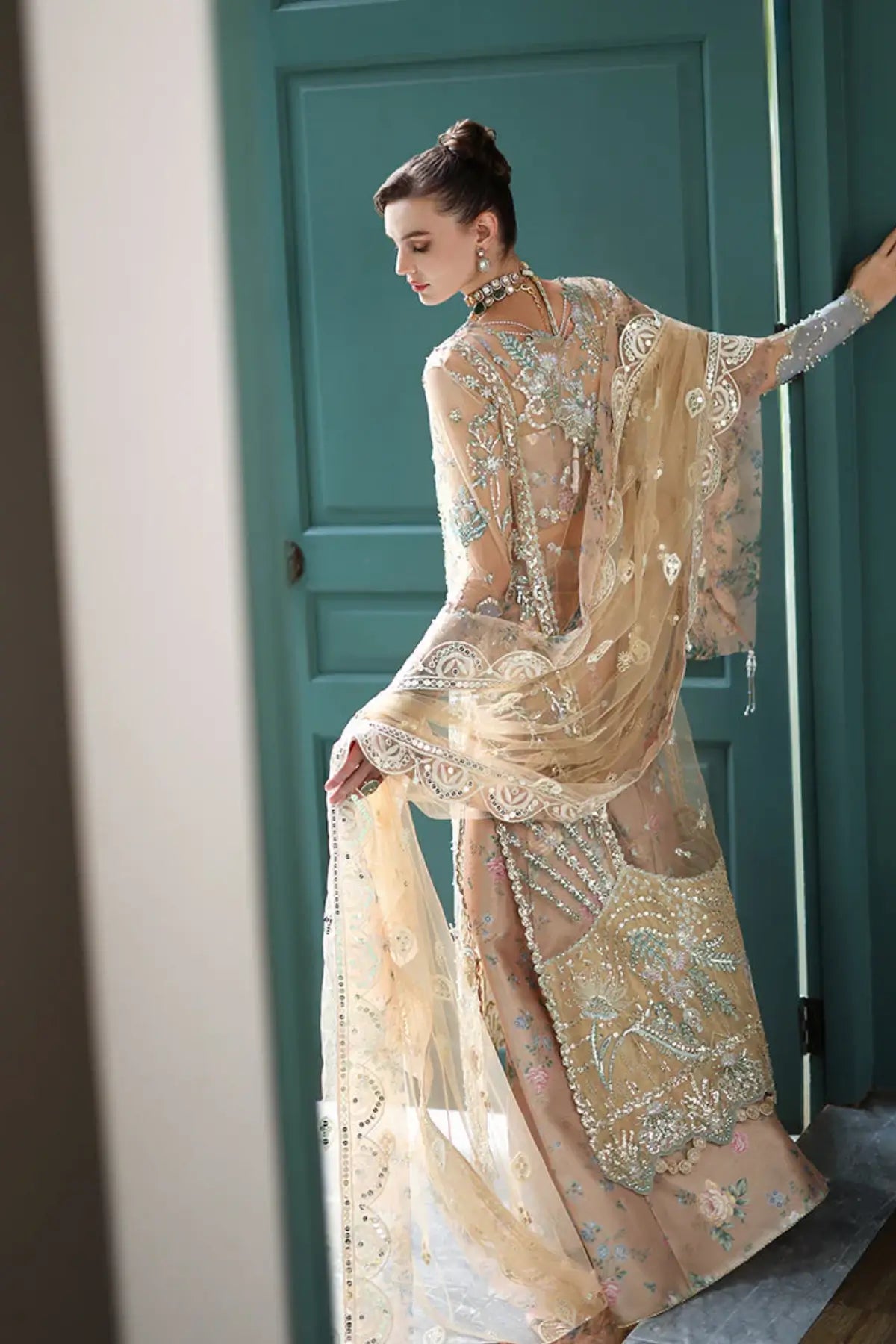 Calarissa Mushq stitched beige net Eid and wedding formal outfit